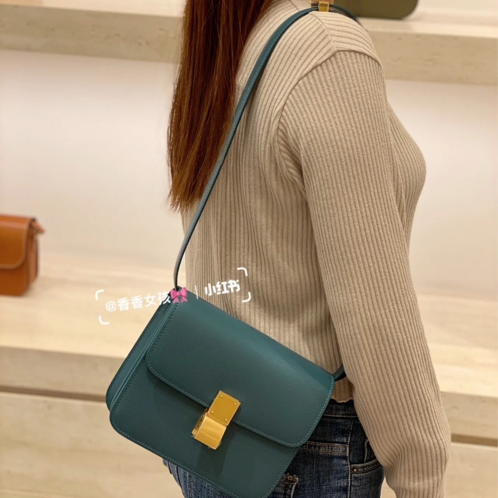 【預購】Celine Teen Classic 小牛皮金釦肩背/斜背包 (普魯士藍綠)-細節圖4