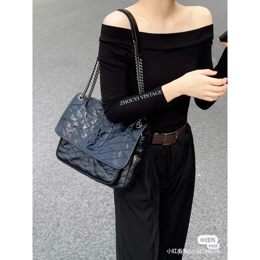 【預購】YSL NIKI 黑色復古皮革中型銀鍊手袋 斜背包 側背包 肩背包-細節圖8