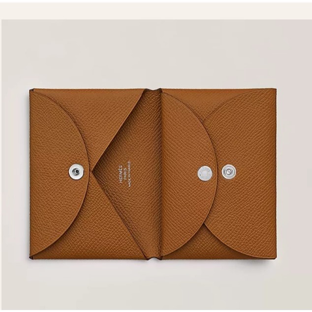 【台灣現貨】愛馬仕 Hermes Calvi duo 暗釦零錢卡包(黑/金棕/大象灰)  Epsom皮 卡夾 零錢包 錢-細節圖2