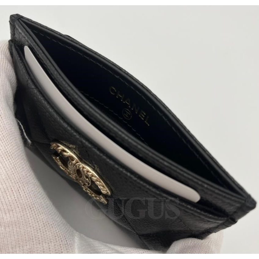 【台灣現貨】CHANEL 香奈兒 麥穗黑金牛皮魚子醬卡片夾 金色鏈條CC Logo 卡夾 卡包 鈔票 錢包 皮包-細節圖2