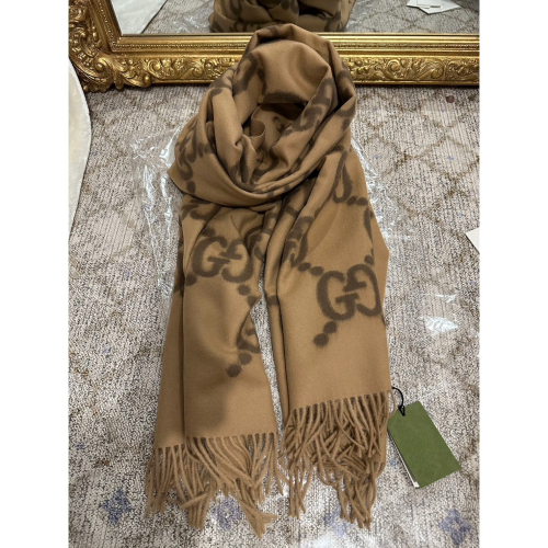 【預購】Gucci 淺棕色羊絨流蘇刺繡圍巾 210×70cm 羊毛披巾 披肩