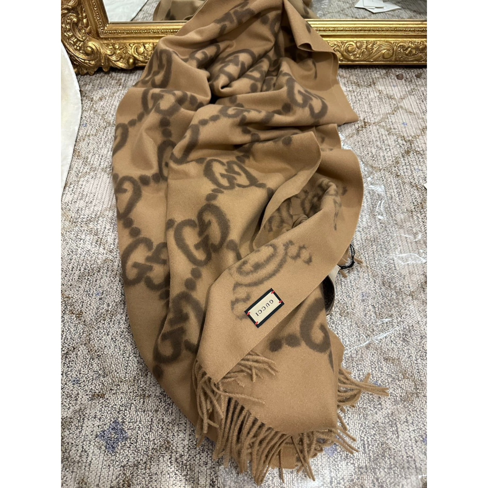 【預購】Gucci 淺棕色羊絨流蘇刺繡圍巾 210×70cm 羊毛披巾 披肩-細節圖2