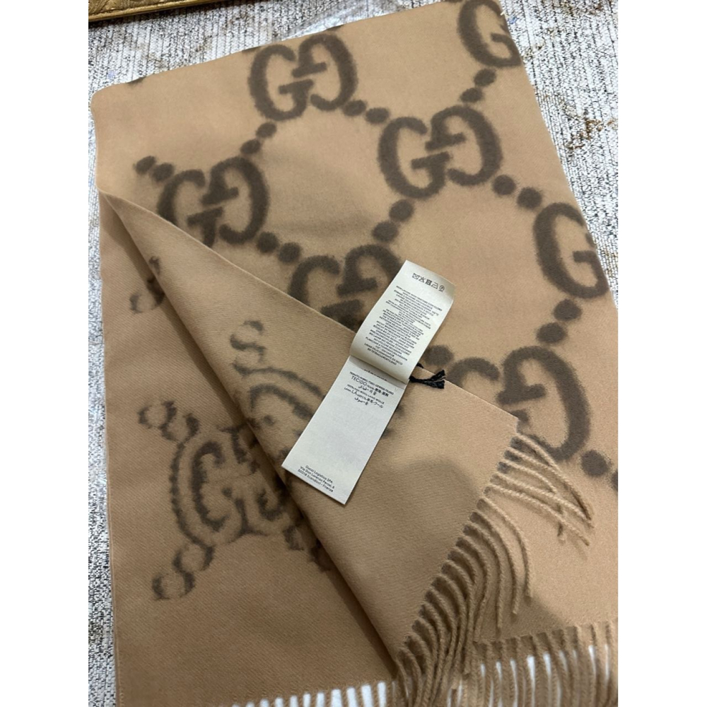 【預購】Gucci 淺棕色羊絨流蘇刺繡圍巾 210×70cm 羊毛披巾 披肩-細節圖3