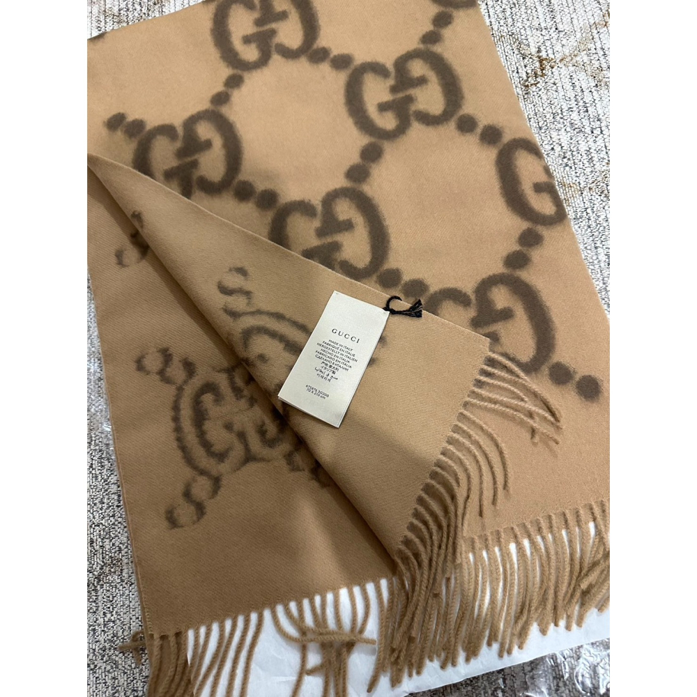 【預購】Gucci 淺棕色羊絨流蘇刺繡圍巾 210×70cm 羊毛披巾 披肩-細節圖4
