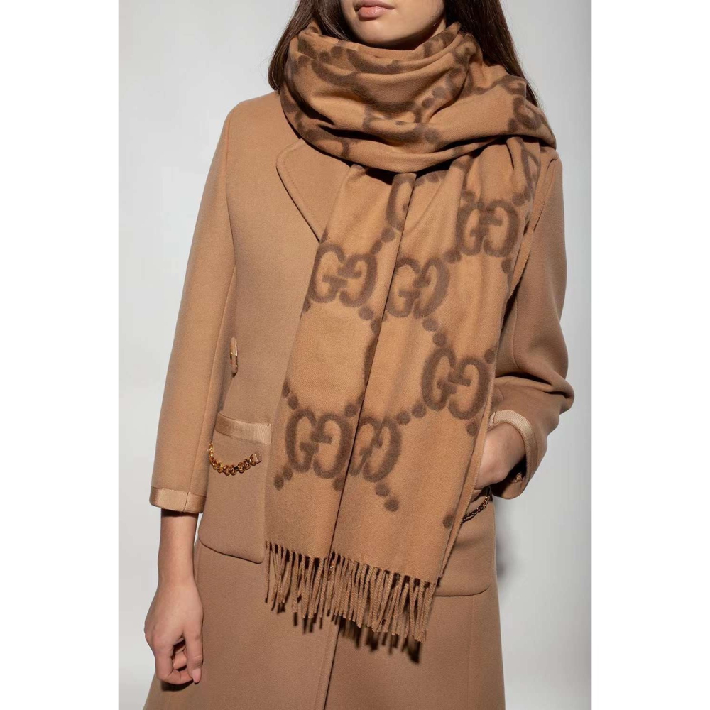 【預購】Gucci 淺棕色羊絨流蘇刺繡圍巾 210×70cm 羊毛披巾 披肩-細節圖6