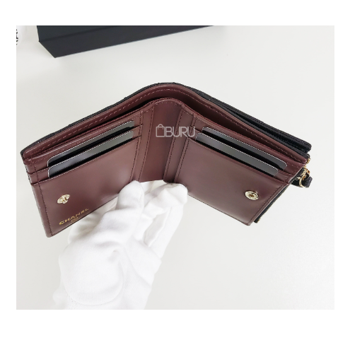 【台灣現貨】CHANEL 香奈兒 黑色金扣菱格紋牛皮對折短夾 皮夾 卡包 卡夾 錢包 零錢包 皮包-細節圖3