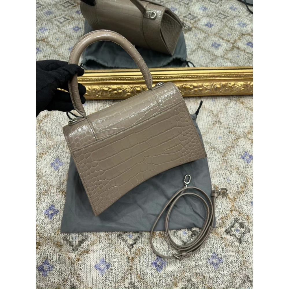 【預購】Balenciaga 巴黎世家 Hourglass M 奶茶灰鱷魚紋牛皮銀扣沙漏包 斜肩包 手提包 單肩 肩背-細節圖2