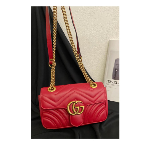 【預購】GUCCI GG Marmont 22cm 經典迷你雙G LOGO牛皮山字紋肩背包(芙蓉紅) 斜背包 側背包