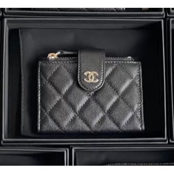 【台灣現貨】Chanel 香奈兒 黑金荔枝皮CF雙層拉鏈零錢卡包 卡夾 錢包