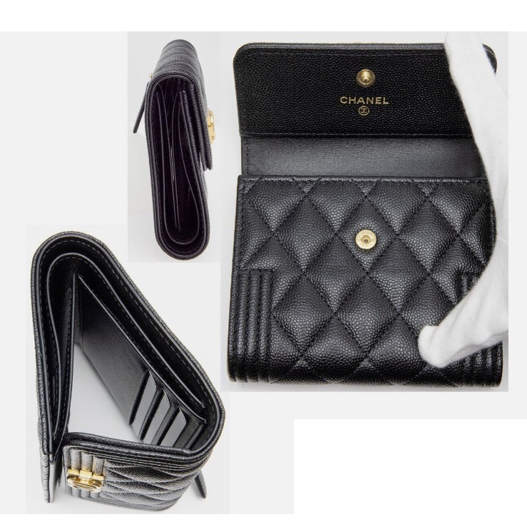 【台灣現貨】CHANEL 香奈兒 BOY 黑色荔枝牛金釦三層短夾 卡夾 卡包 零錢包 錢包 皮包-細節圖3