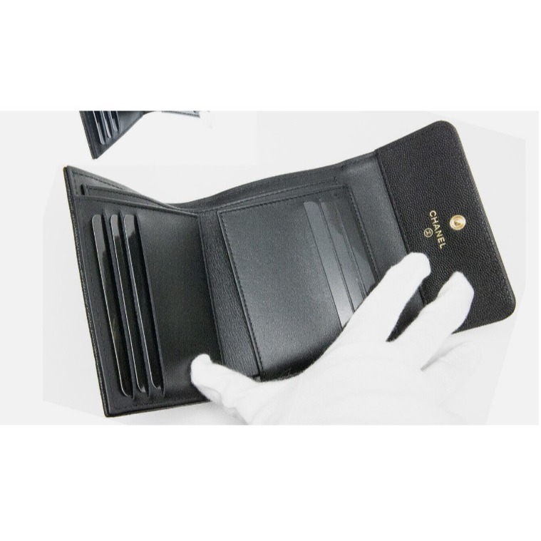 【台灣現貨】CHANEL 香奈兒 BOY 黑色荔枝牛金釦三層短夾 卡夾 卡包 零錢包 錢包 皮包-細節圖4