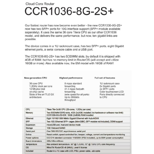 【MikroTik台灣代理】台灣公司貨 CCR1036-8G-2S+ 36核CPU RAM-4G 高性能路由器