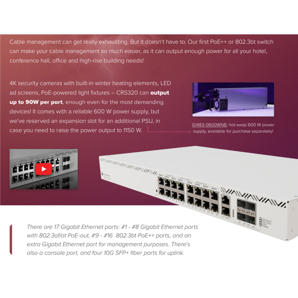 【MikroTik台灣代理】公司貨CRS320-8P-8B-4S+RM 16埠POE++ 600瓦 機架式網管型交換器-細節圖2