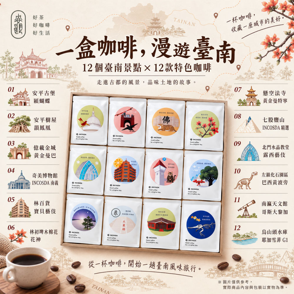 安朗良品 | 漫遊南都景點咖啡耳掛禮盒｜12個臺南景點 × 12款特色咖啡(12入耳掛咖啡/盒)-細節圖2