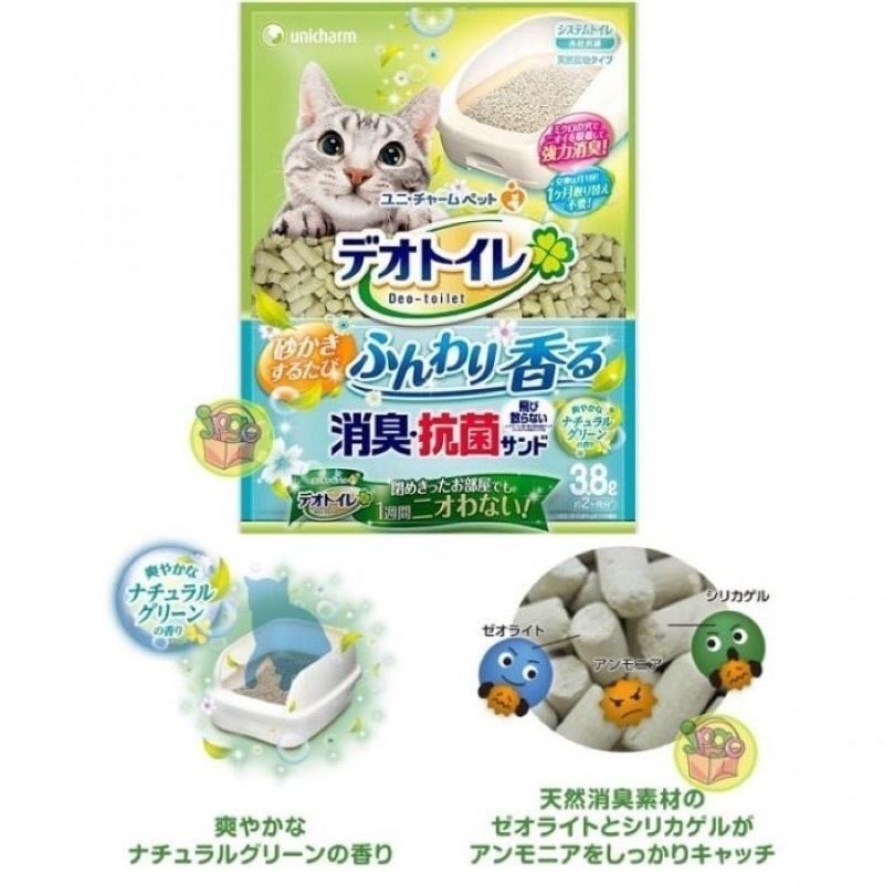 【3隻貓】日本嬌聯Unicharm沸石砂4L🟡無香消臭 貓砂 綠茶紙砂（雙層貓砂盆）條砂 沸石貓砂 矽膠砂-細節圖2