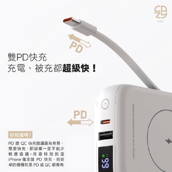 可帶上飛機✈️ 有標Ｗh CCC標誌 COZY H20 迷你固態磁吸行動電源 10000mAh 安全防爆 自帶雙線-細節圖3