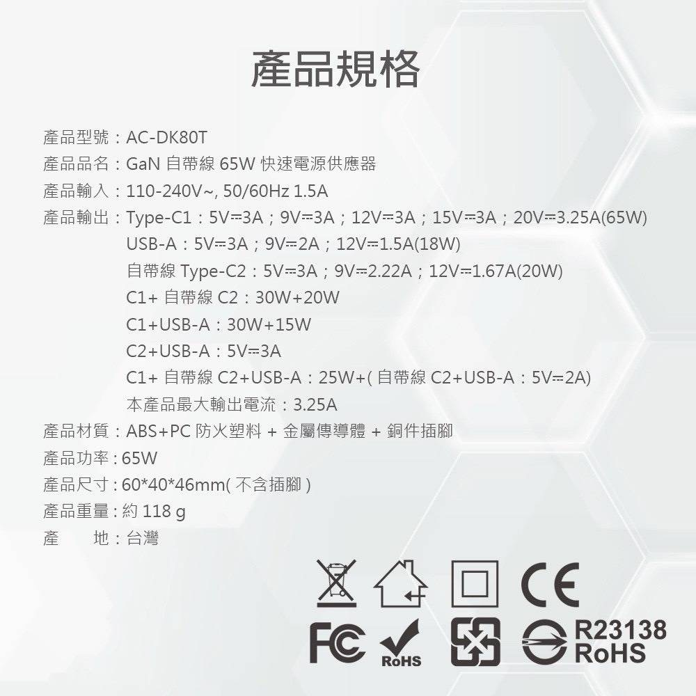 KooPin 台灣製造 65W氮化鎵 自帶Type-C伸縮線 三輸出快速充電器(支援PD、QC快充)-細節圖11