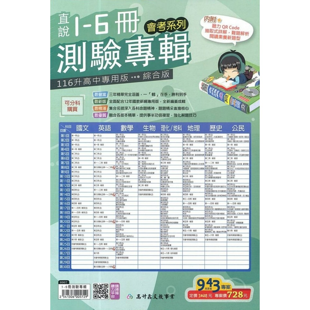 高升鑫國中『直說1-6冊』測驗專輯 複習卷_國文 英語 數學 生物 理化/地科 地理 歷史 公民 會考測驗卷(附解答)-規格圖1