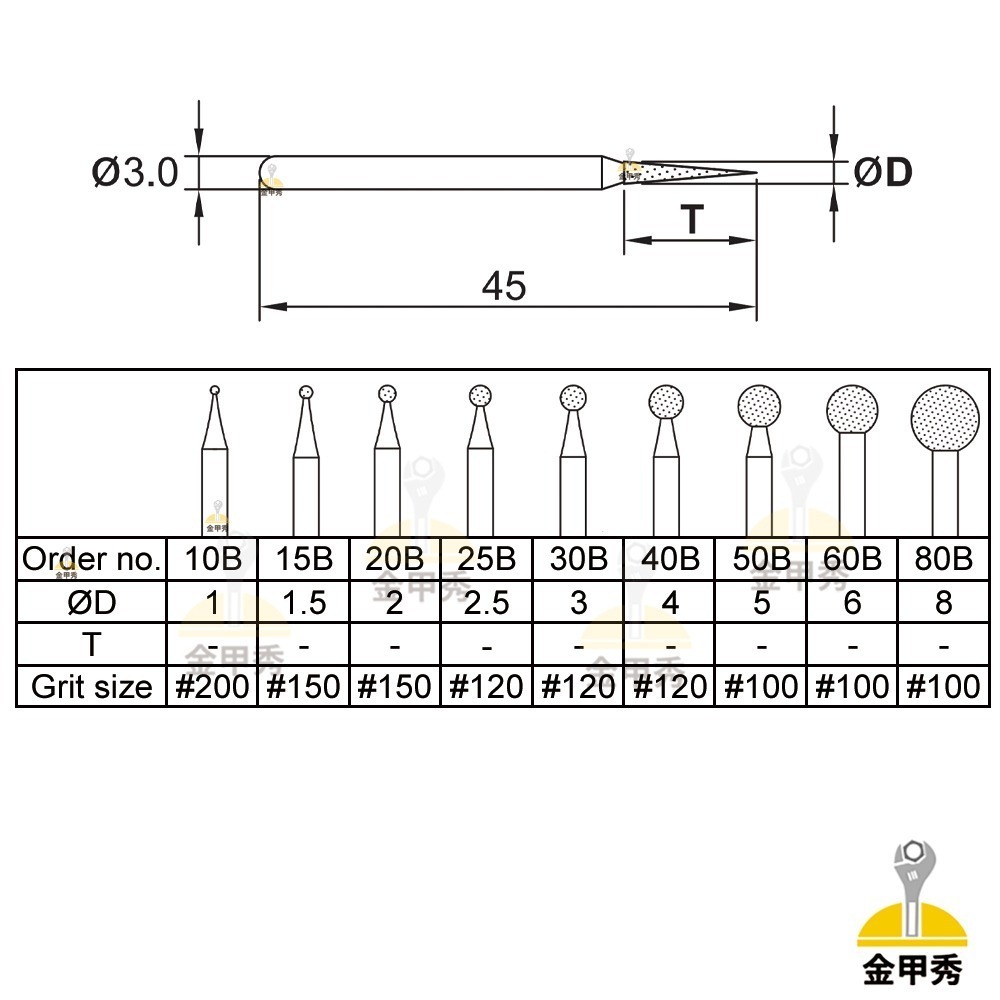 【金甲秀】台灣製 鑽石磨棒《柄 3mm》圓球形 B型 雕刻針 磨針 鑽石磨頭 金剛石磨棒-細節圖2