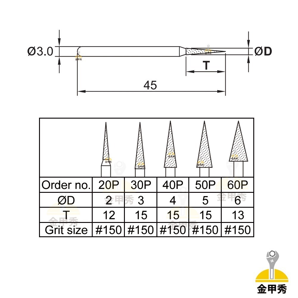【金甲秀】台灣製 鑽石磨棒《柄 3mm》尖錐形 P型 雕刻針 磨針 鑽石磨頭 金剛石磨棒-細節圖2