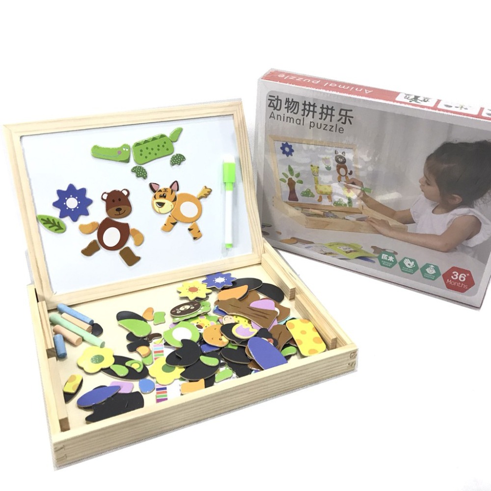 木丸子 木製玩具 動物拼拼樂 早教玩具  磁性貼 動物認知 益智玩具 拼圖 木片版 木製畫板【G33000401】-細節圖2