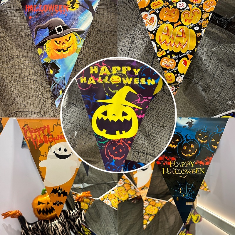 萬聖節 三角拉旗 掛旗 (卡通5款-10面) 2.4米 掛繩 旗幟 紙旗 派對 布置 裝飾 掛飾【W440022】-細節圖3