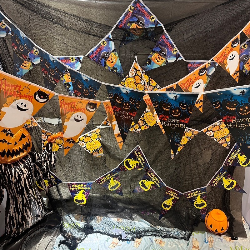 萬聖節 三角拉旗 掛旗 (卡通5款-10面) 2.4米 掛繩 旗幟 紙旗 派對 布置 裝飾 掛飾【W440022】-細節圖5