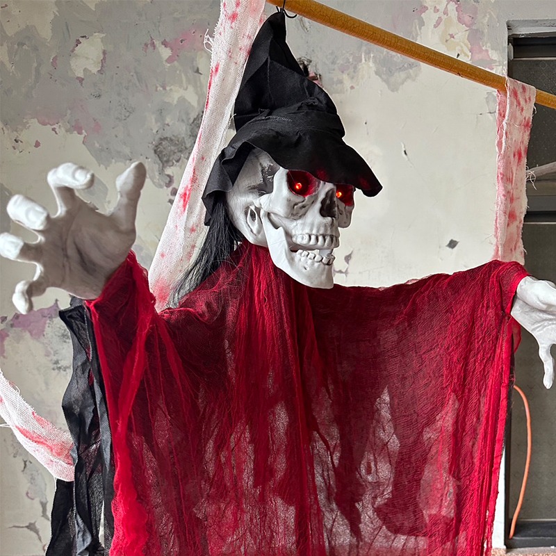 萬聖節 紅衣骷髏掛鬼 聲控 鬼怪 吊鬼 200cm 巫婆鬼 骷髏頭 逃脫遊戲 鬼屋布置 恐怖裝飾【W440103】-細節圖7