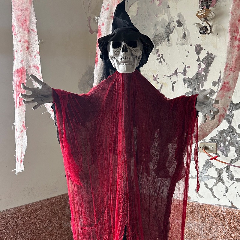 萬聖節 紅衣骷髏掛鬼 聲控 鬼怪 吊鬼 200cm 巫婆鬼 骷髏頭 逃脫遊戲 鬼屋布置 恐怖裝飾【W440103】-細節圖8
