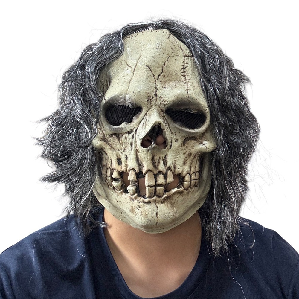 萬聖節 乳膠面具 骷髏頭套 乳膠頭套 面罩 骷髏面具 披髮骷髏 假髮 派對變裝 表演道具【A77013201】-細節圖4