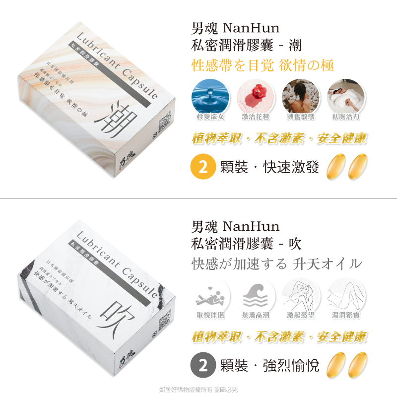【男魂NanHun】私密潤滑膠囊2入-(潮-快速激發/吹-強烈愉悅/入魂-同志後庭/緊緻-緊密貼合)-細節圖2