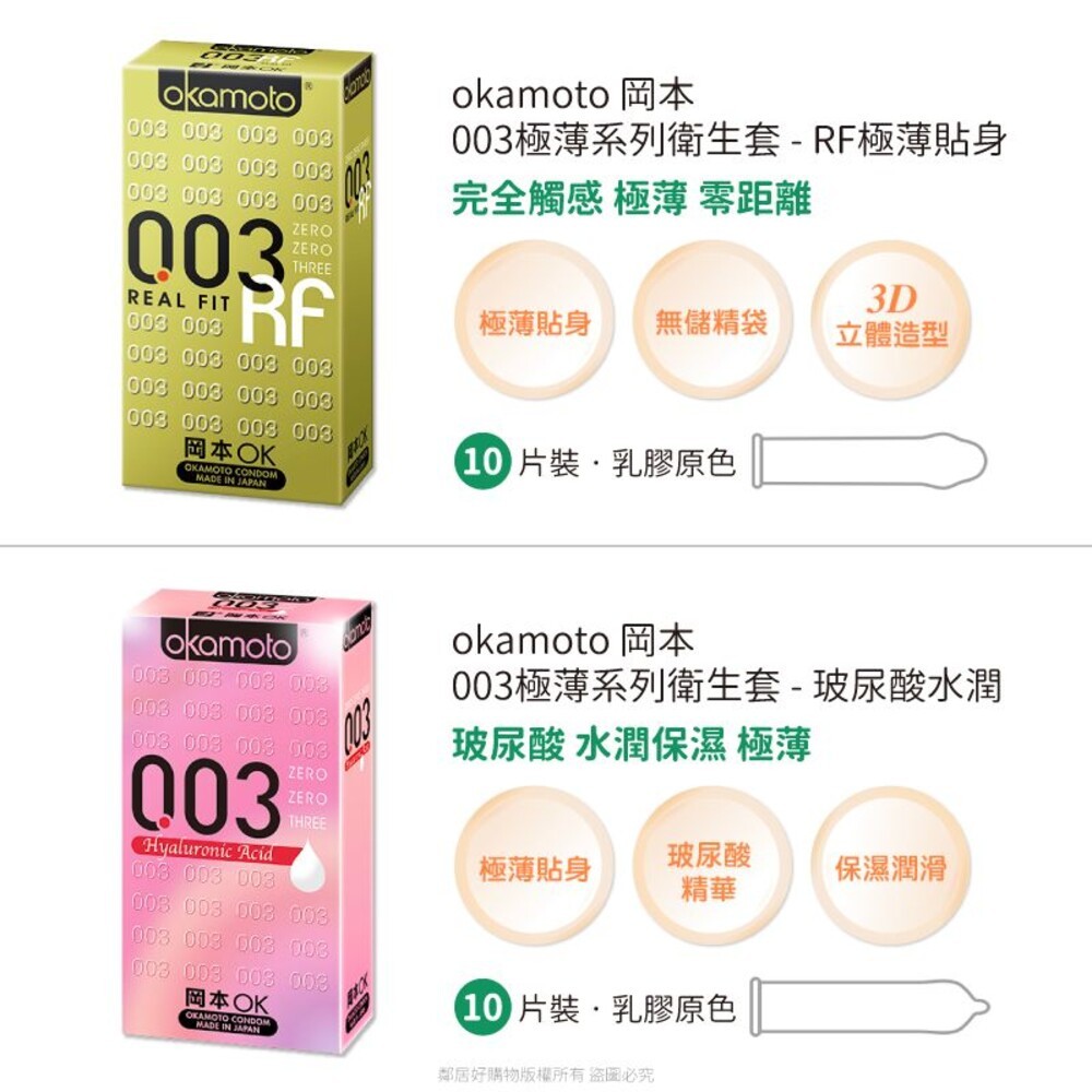 【okamoto 岡本】003極薄系列 保險套10入-(RF極薄貼身/玻尿酸水潤/蘆薈極潤/LR超潤滑)-細節圖3