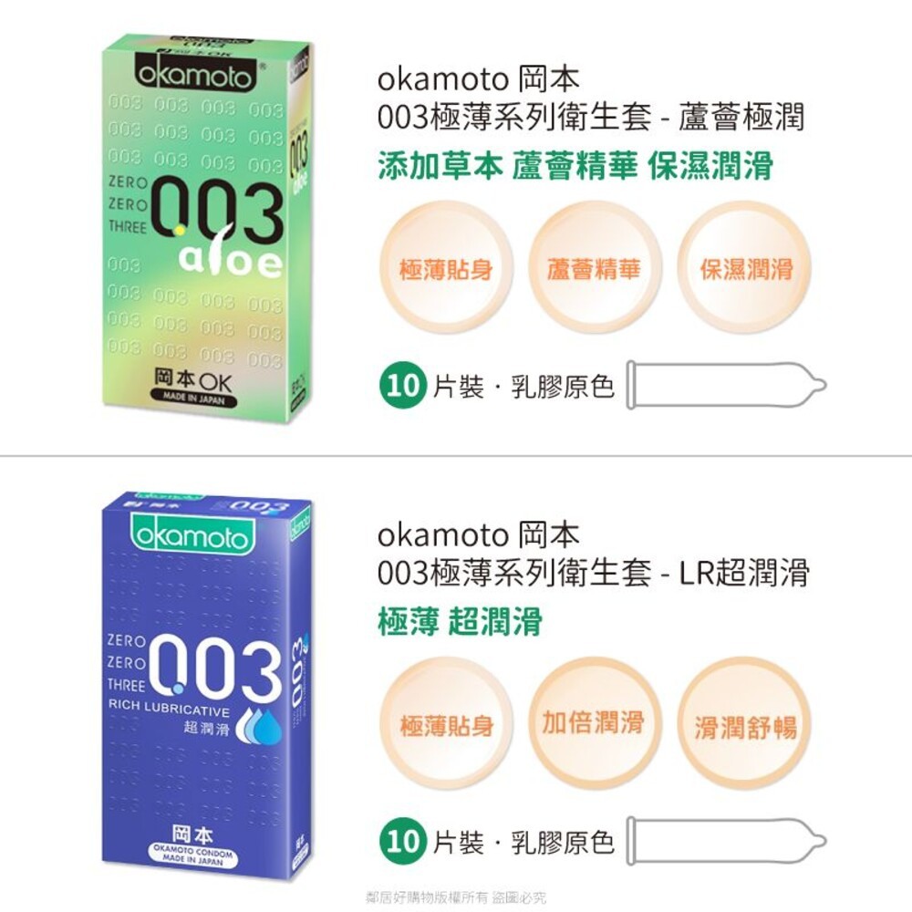【okamoto 岡本】003極薄系列 保險套10入-(RF極薄貼身/玻尿酸水潤/蘆薈極潤/LR超潤滑)-細節圖4
