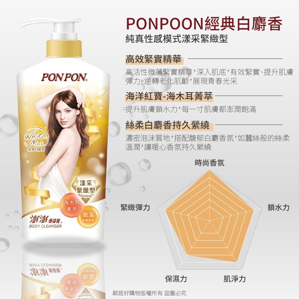 【PONPON澎澎】香浴乳漾采緊緻型-經典白麝香(罐裝1500ml / 補充包700ml) 沐浴乳 身體清潔-細節圖2