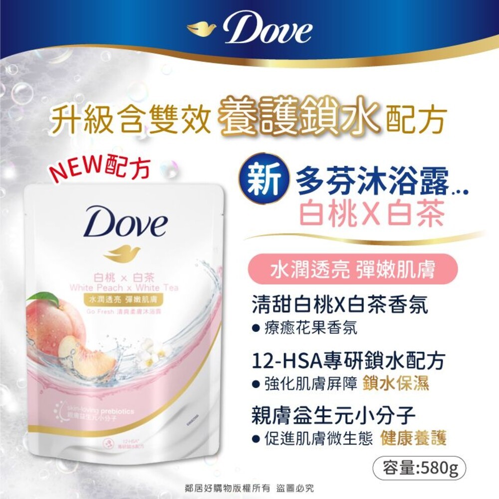 【DOVE多芬】沐浴乳補充包580g-(滋養柔嫩/舒敏溫和/清爽水嫩/桃悅水透)-細節圖5