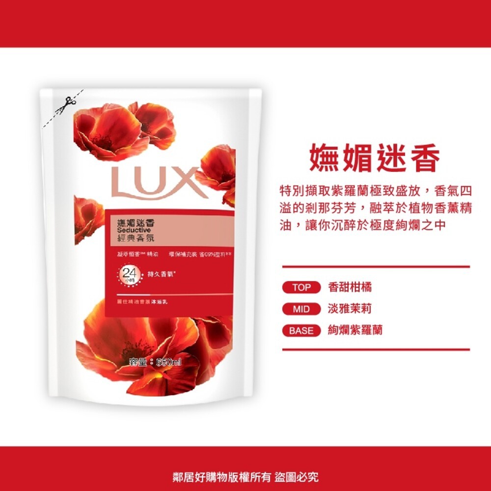 【LUX麗仕】 香氛沐浴乳補充包650ML-(嫵媚迷香／媚惑幽香／浪漫怡香／水嫩柔膚)-細節圖2