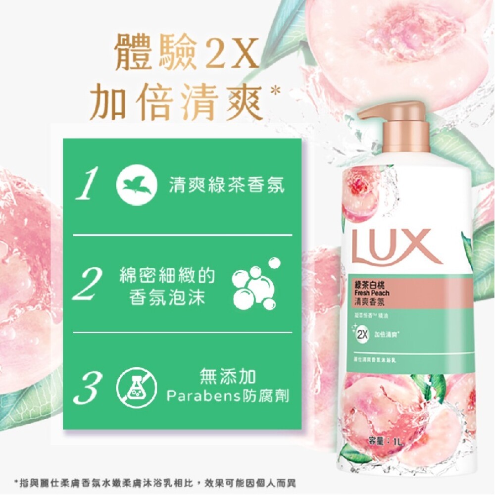 【LUX麗仕】清爽香氛系列沐浴乳1L -(綠茶白桃/沁涼石榴/青檸橙花/煥活冰爽/山茶花與白麝香)-細節圖3