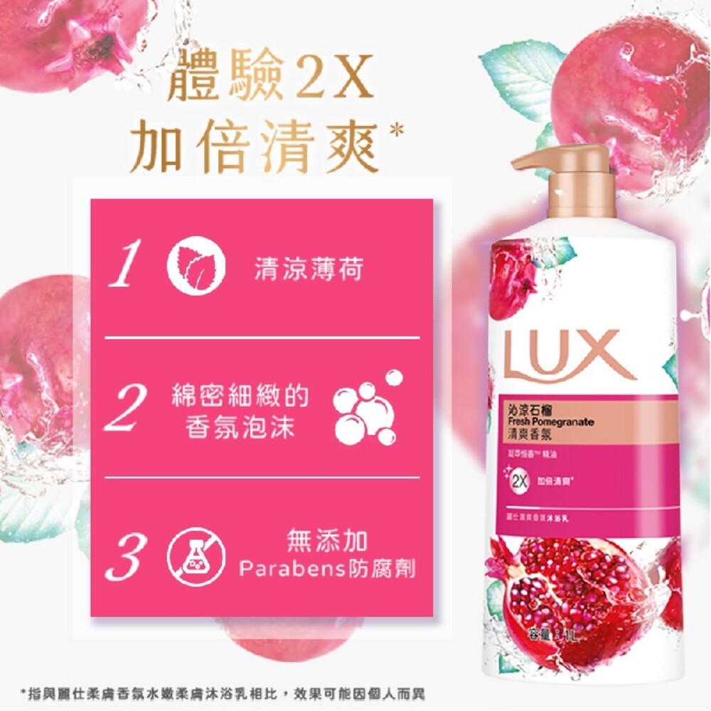 【LUX麗仕】清爽香氛系列沐浴乳1L -(綠茶白桃/沁涼石榴/青檸橙花/煥活冰爽/山茶花與白麝香)-細節圖5