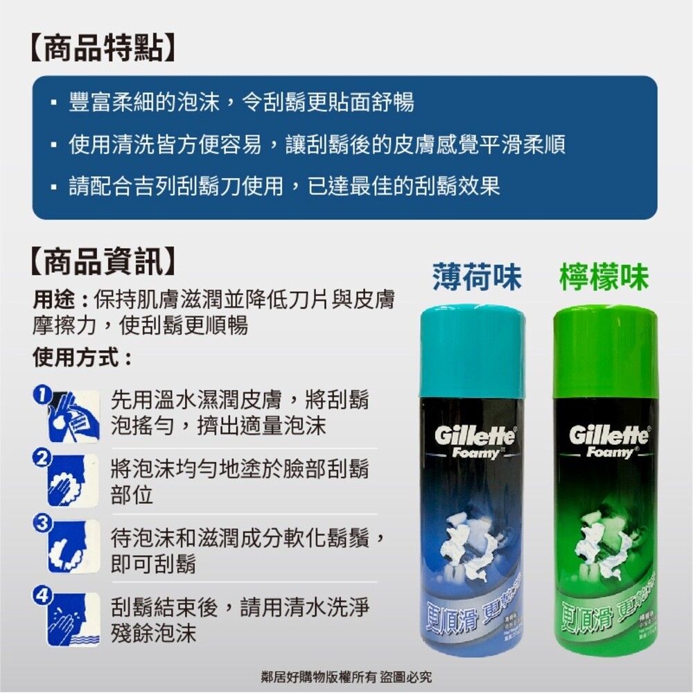 【Gillette 吉列】薄荷味/檸檬味刮鬍泡210g-細節圖3