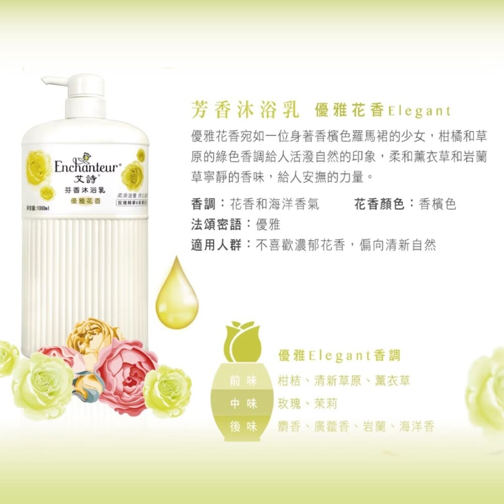 【 Enchanteur艾詩 】芬香沐浴露 1000ml-魅力花香/優雅花香/浪漫花香-細節圖4