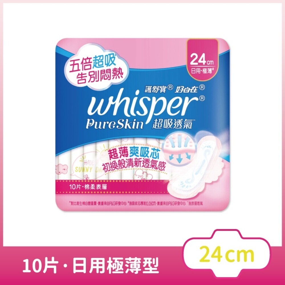 【Whisper好自在】Pure Skin超吸透氣衛生棉-(日用24cm/日夜用28cm/優惠裝24cm/優惠28cm)-規格圖8