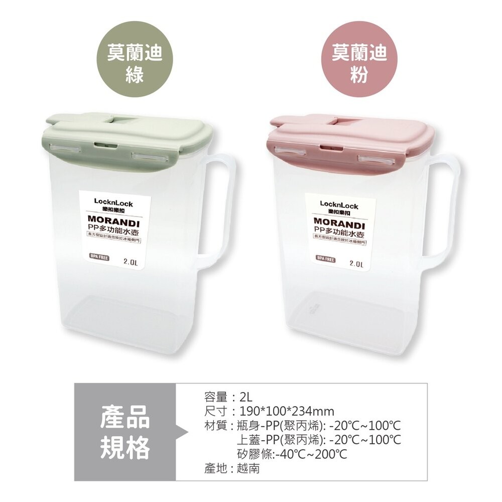LOCKLOCK樂扣樂扣 PP多功能水壺2.0L-(莫蘭迪綠/莫蘭迪粉)-細節圖2