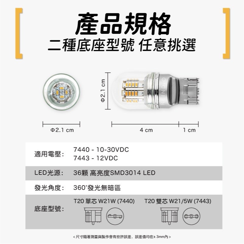 【馴光 特製溫和款 一年保固】T20 7440 7443 日行燈 方向燈 後霧燈 煞車燈 剎車燈 LED w21w-細節圖7