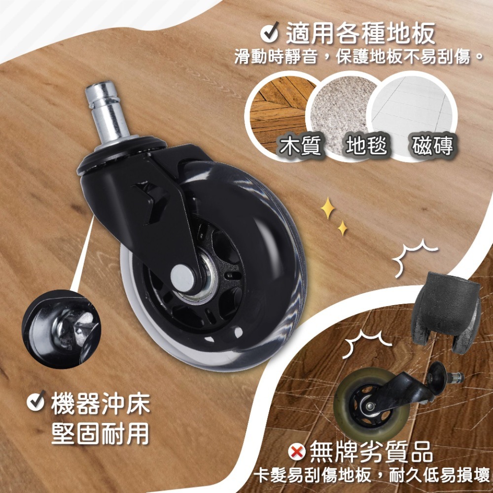 AXL 3英吋PU椅子輪 霧黑箭頭 溜冰輪式設計 靜音防刮 不水解 適用居家/辦公/電競椅 替換輪 台灣製造 一組5顆-細節圖5