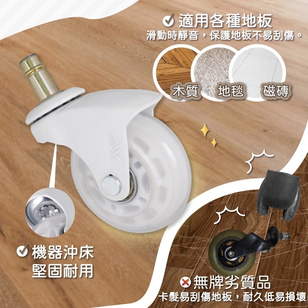 AXL 2.5 吋白色透明 PU 靜音輪 彎腳設計 IKEA辦公椅替換輪 10mm椅輪 不刮木地板 電腦椅升級 台灣製-細節圖6