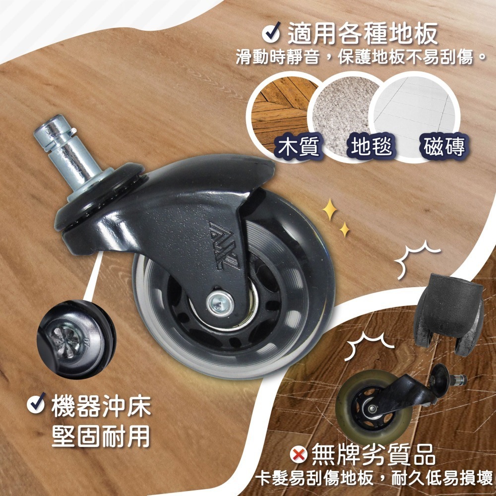 AXL 彎角PU椅輪 灰黑靜音防刮椅子輪子 電腦椅 辦公椅 書桌椅 電競椅 人體工學椅替換輪 5入 台灣製腳輪-細節圖4