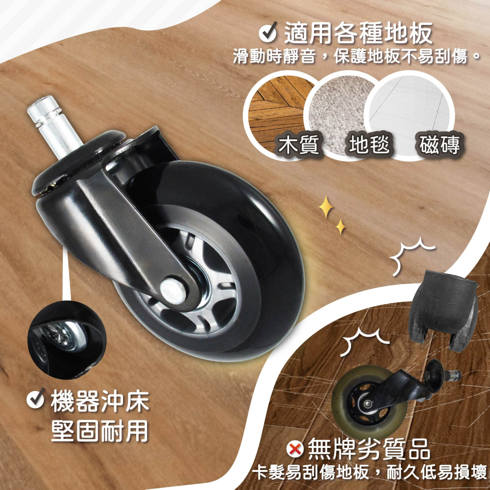 AXL 3英吋辦公椅溜冰PU腳輪 大腳灰黑｜電競椅/辦公椅/電腦椅適用｜滑順耐用 不刮地板 ｜替換輪/椅子輪子 5入組-細節圖4
