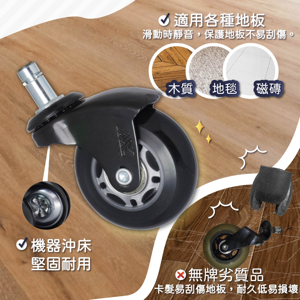 AXL電腦椅輪-2.5英吋PU輪,彎角灰黑,溜冰輪式設計,通規超滑順,不黑屑,辦公椅輪子,電競椅,椅子輪子(一組五顆)-細節圖2