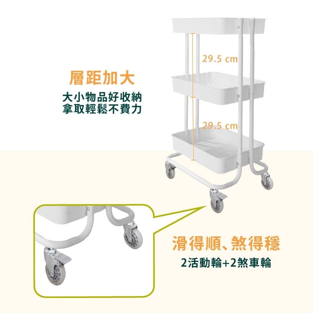 【AXL日系簡約】三層收納推車 可移動滑輪置物車 多功能層架 零食置物架 適用廚房/洗手間/宿舍/臥室/美容推車-細節圖3