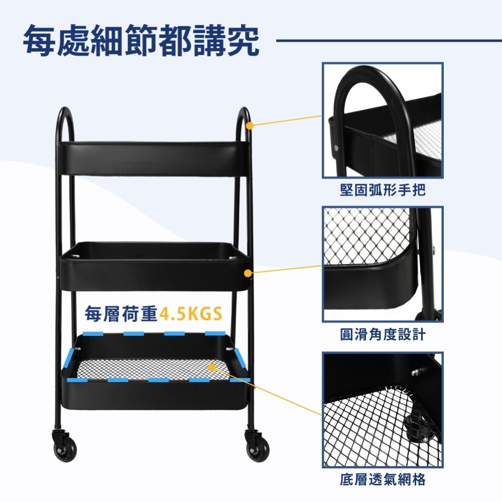 AXL 全鐵製三層工業風收納推車 附輪層架 可移動置物車 PP/TPR/PU輪可選 靜音滑順 適用美容/居家/廚房-細節圖4